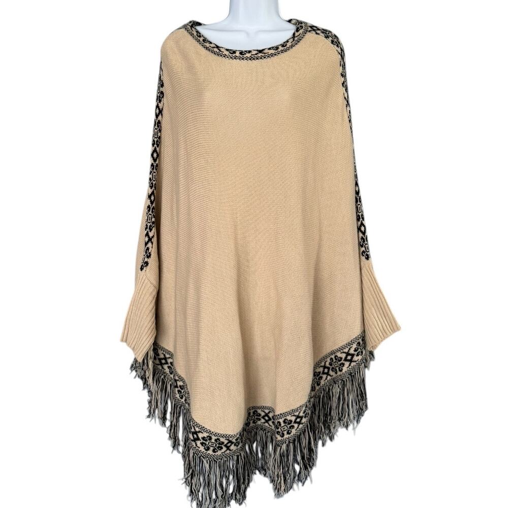 Do Everything In Love Knit Poncho One Size Boho Fringe Aztec Cream Black Cozy